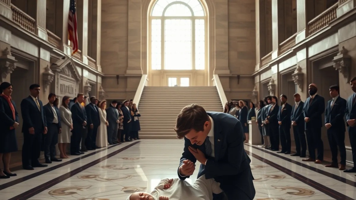 A Newborn Baby Left Alone On Cold Courthouse Marble Stairs